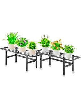 Stylish Metal Plant Stand Set of 2 - Indoor/Outdoor 1 Tier Plant Bench, Black